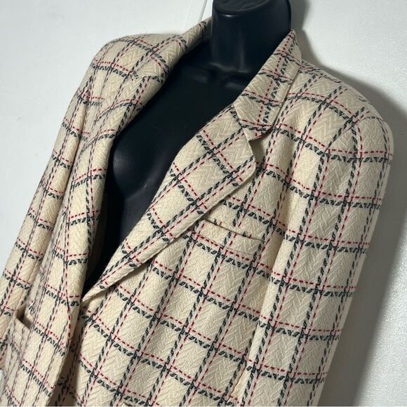 Vtg 90s Plaid Windowpane Blazer Academia Classic Ivory Navy blue Red 12 L - Picture 4 of 15